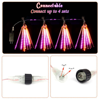 Halloween Lights Outdoor, 2 Pack Extendable Meteor Shower Lights Outdoor Waterproof with Timer, Total 384 LED 30cm 16 Tubes Cascading String Light Plug in for Halloween Yard Party (Orange and Purple)