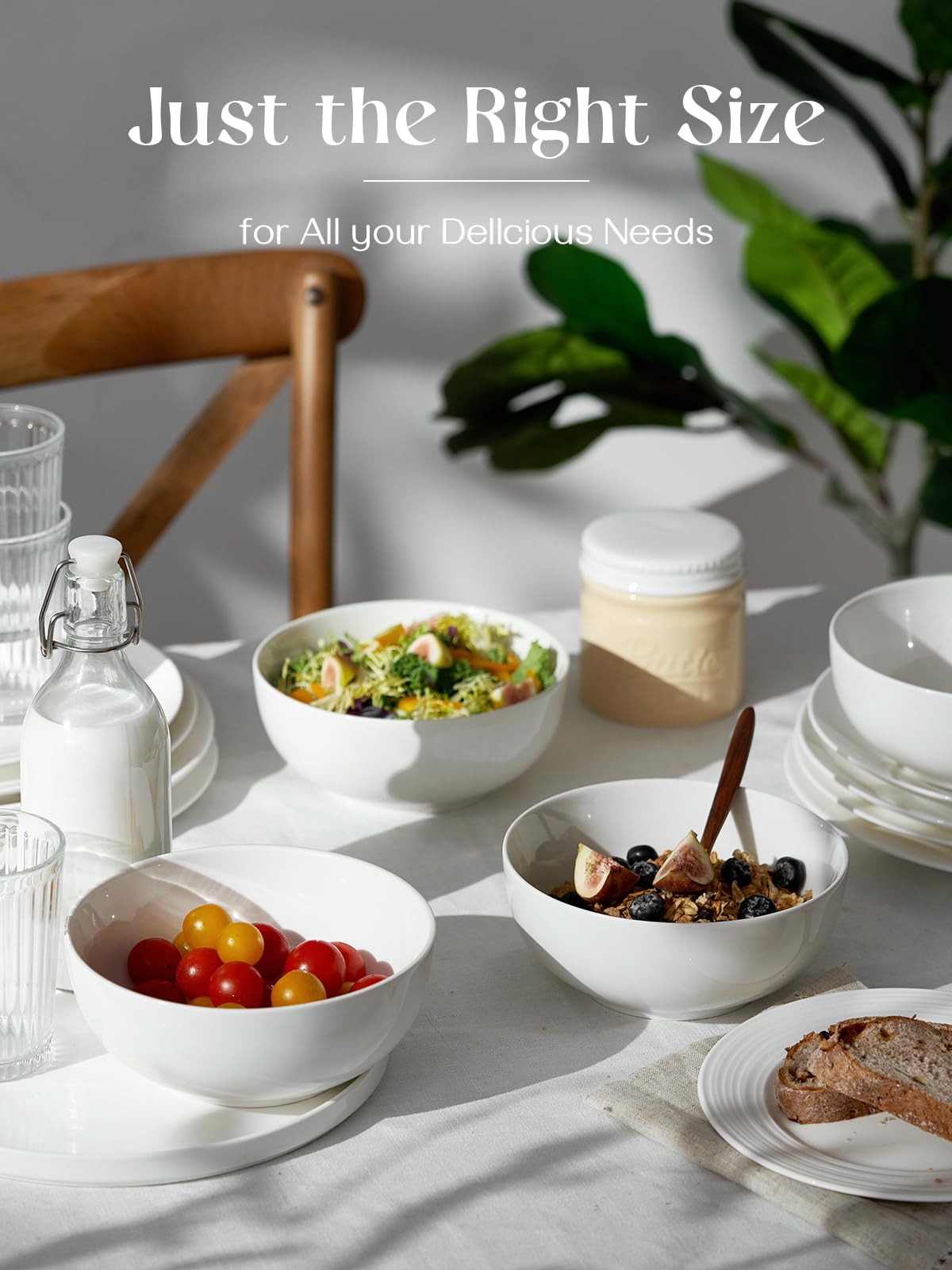 DOWAN 39 OZ Large Deep Bowls Set of 4 - White Ceramic Bowls for Ramen, Pasta, Salad, Mixed Fruit - Dishwasher & Microwave Safe (Soft White)