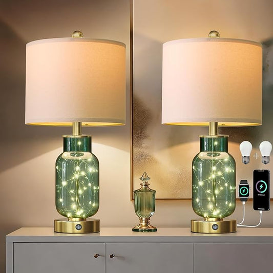 Oneach 22" Glass Table Lamps Set of 2, Green Modern Bedside Lamp with LED Night Light for Living Room, Nightstand Lamp with USB Ports for Bedrooms, Study Room, End Table(2 Bulbs Included)