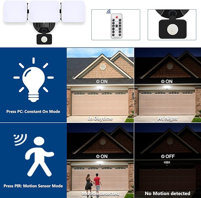 EMANER Motion Sensor Flood Lights Outdoor, Dusk to Dawn Dimmable Security Light, Warm to Daylight White 3000K/5000K/6500K, 28W 120V Remote Wall Light for House Garden Front Door (Black, 2Pack)