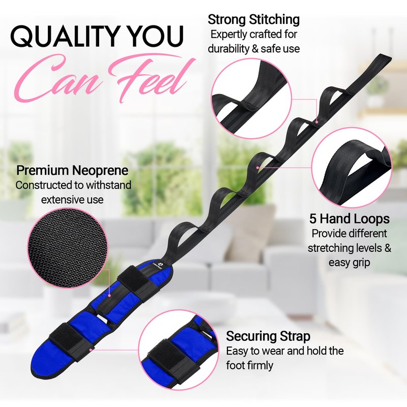 Stretch Strap with Loops for Foot and Calf - Ideal for Physical Therapy, Achilles Tendonitis Relief, and Plantar Fasciitis - Perfect for Yoga, Gymnastics, and Flexibility Training (Blue)