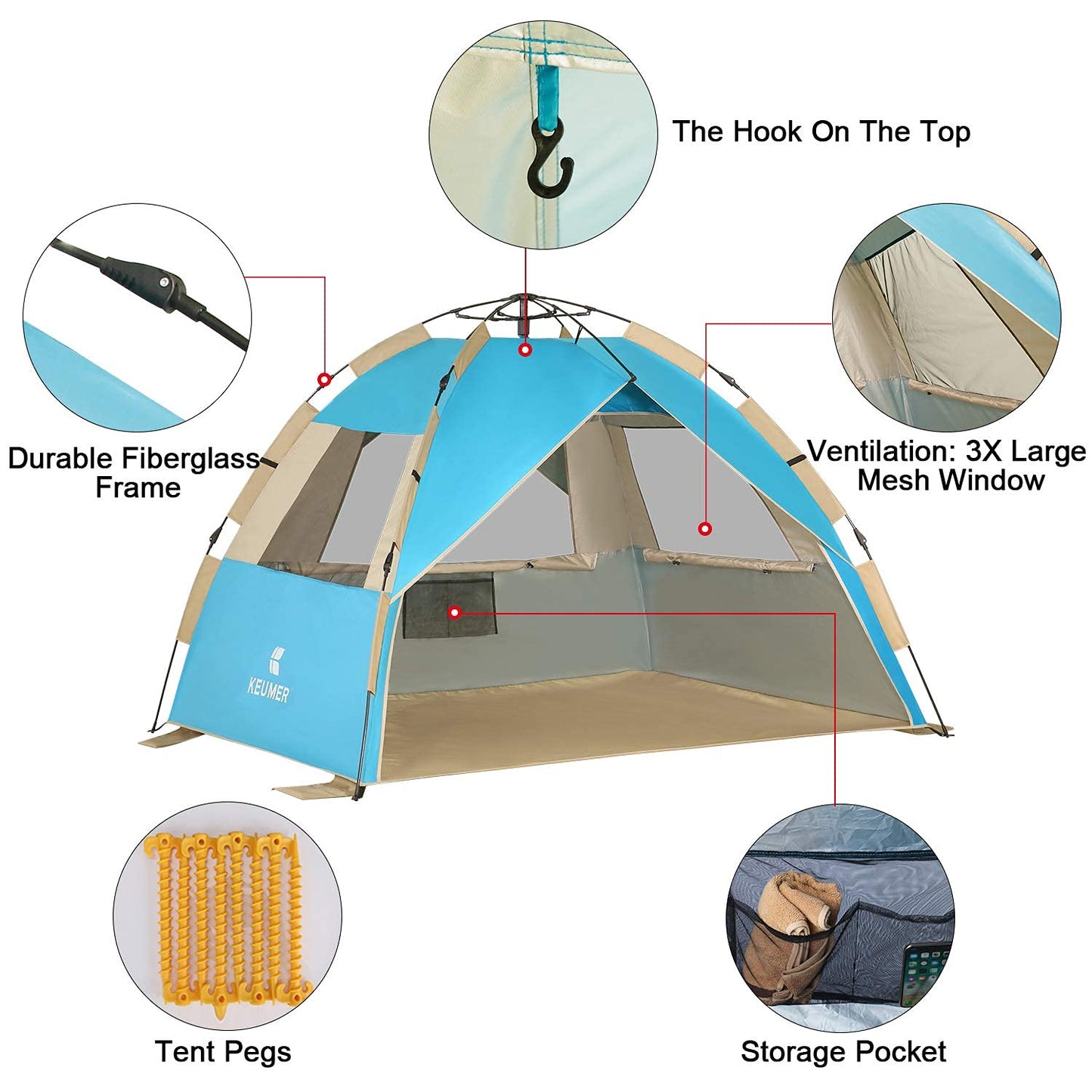 G4Free Deluxe XL Pop Up Beach Tent, 3-4 Persons Easy Setup Sun Shelter Canopy with UPF 50+ UV Protection Extral Wide 70.9 in