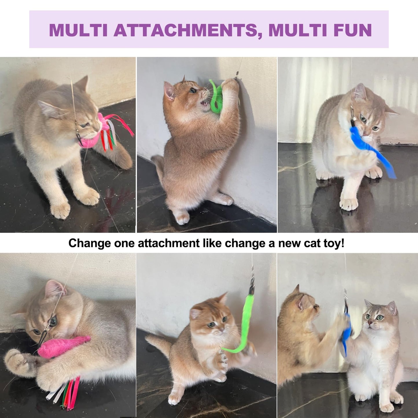 11PCS Cat Wand Toy, Cat Interactive Toys for Indoor Cats, 2 Retractable Cat Wand, 7 Worm Cat Teaser Toys and 1 Plush Fish Cat Toy, Cat Feather Toys for Play Chase Exercise with Kitten, Extra 1 Line