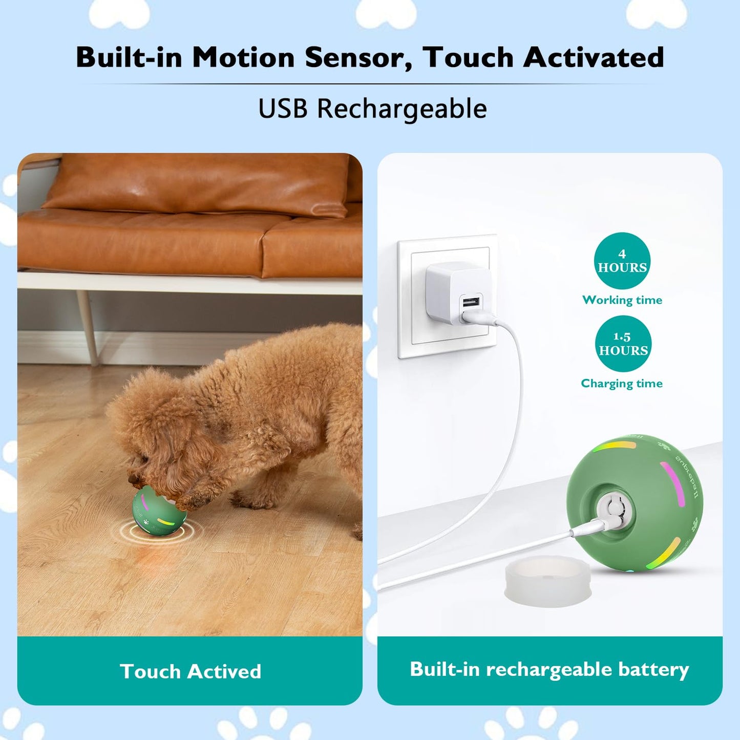 BARHOMO Dog Balls,The 3rd Generation Interactive Toys for Puppy/Small/Medium/Large Dogs,Improved Dog Rolling Effect Tennis Ball with Strap, Tough Motion Activated Automatic Moving Dog Toys (Green)