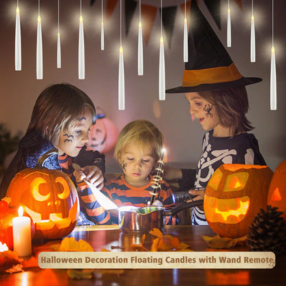 JOSU Floating Candles with Wand Remote, 12 Pcs Halloween Decor Magic Hanging Candles, Flickering Flameless LED Taper Candle Battery Operated for Christmas Window Party Home Decorations - White