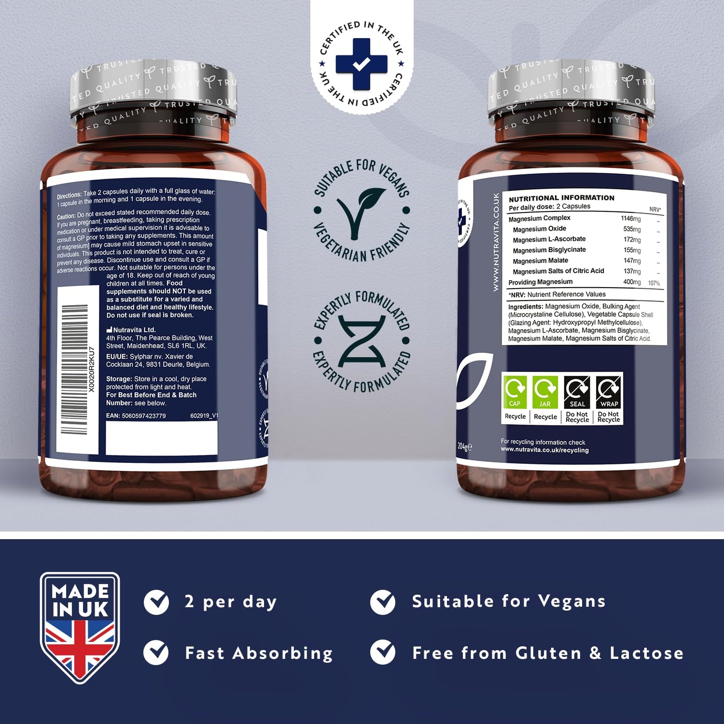 Magnesium Supplements 5-in-1 Complex 1146mg - 240 Vegan High Strength Capsules - 400mg Elemental Magnesium - Bis Glycinate, Citrate, Malate, Oxide, Ascorbate - Muscle Support & Sleep Aid - Nutravita