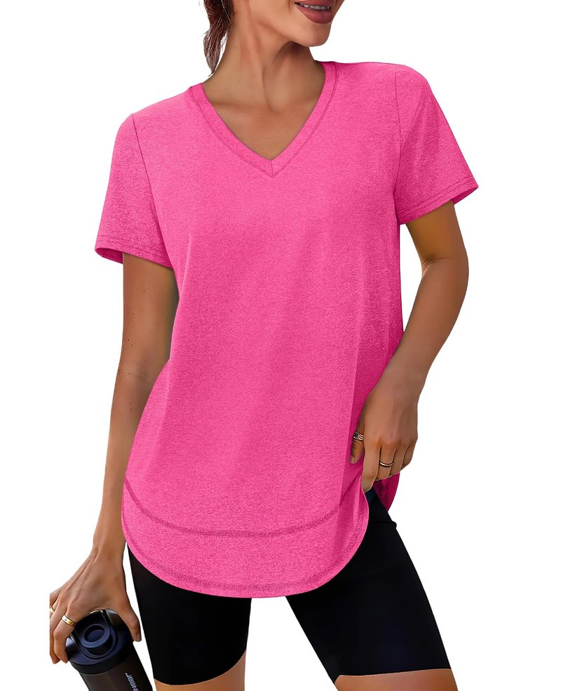 Oversized Tshirts for Women Dry Fit Plus Size Spring Clothes Summer Athletic Tops Workout Shirts V Neck Hot Pink 3XL