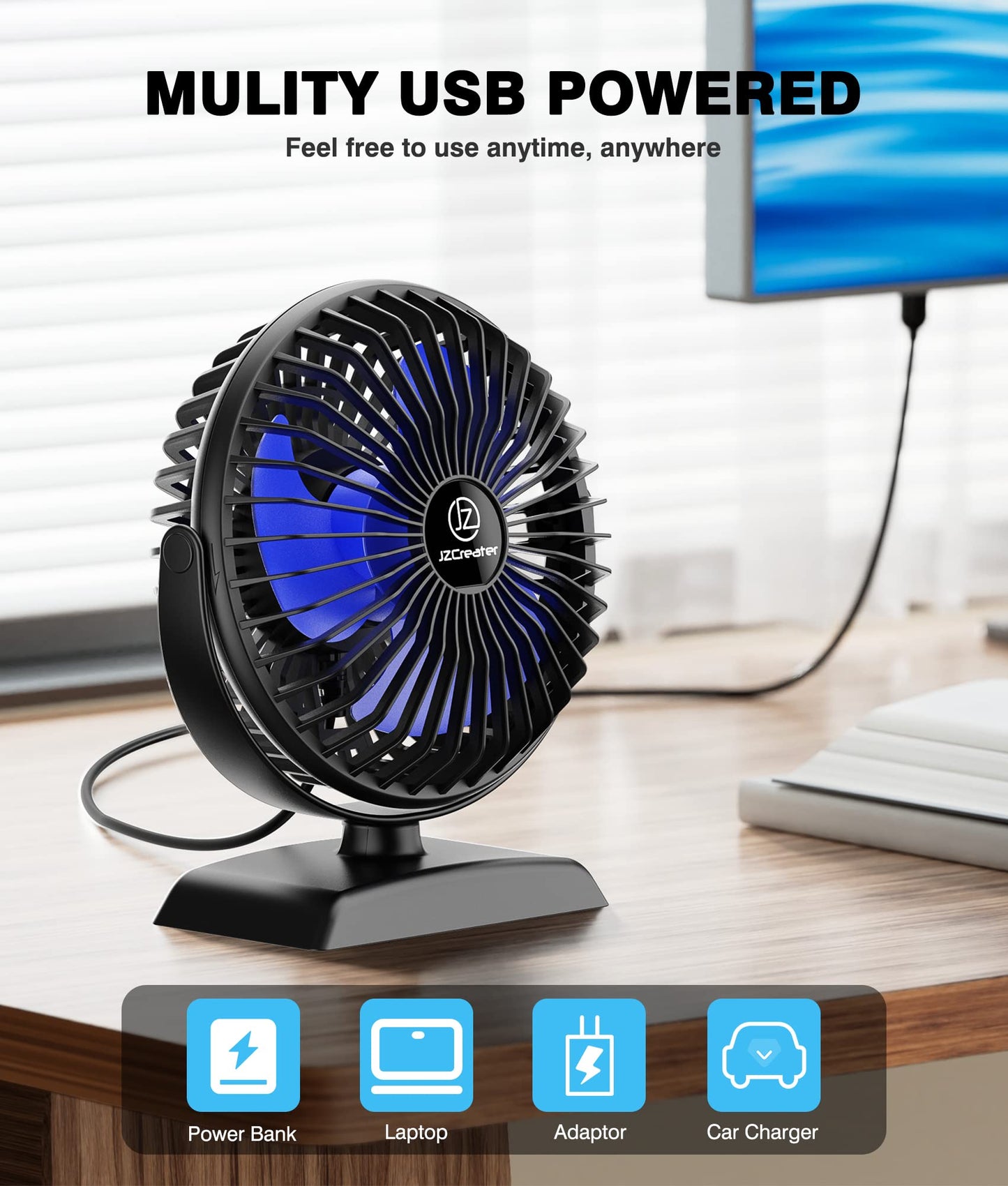 JZCreater Mini Desk Fan，3 Speed Ultra-Quiet Operation，Portable USB Cooling Fan for Office Desk, Bedroom Use, Personal Fan with Adjustable Tilt for Summer Indoor/Outdoor,USB-Powered, Black