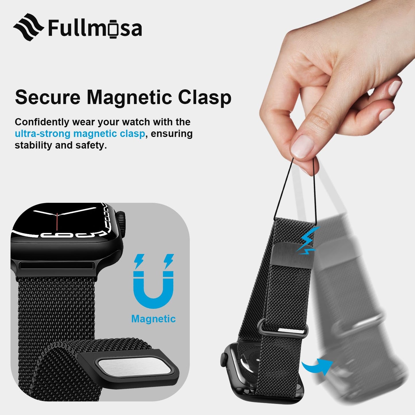 Fullmosa Compatible with Apple Watch Straps 40mm 42mm(S11/10) 38mm 41mm, Magnetic Milanese Loop Replacement iWatch Straps for Women Men for SE 3 2 1 Series 11 10 9 8 7 6 5 4 3 2 1, Black