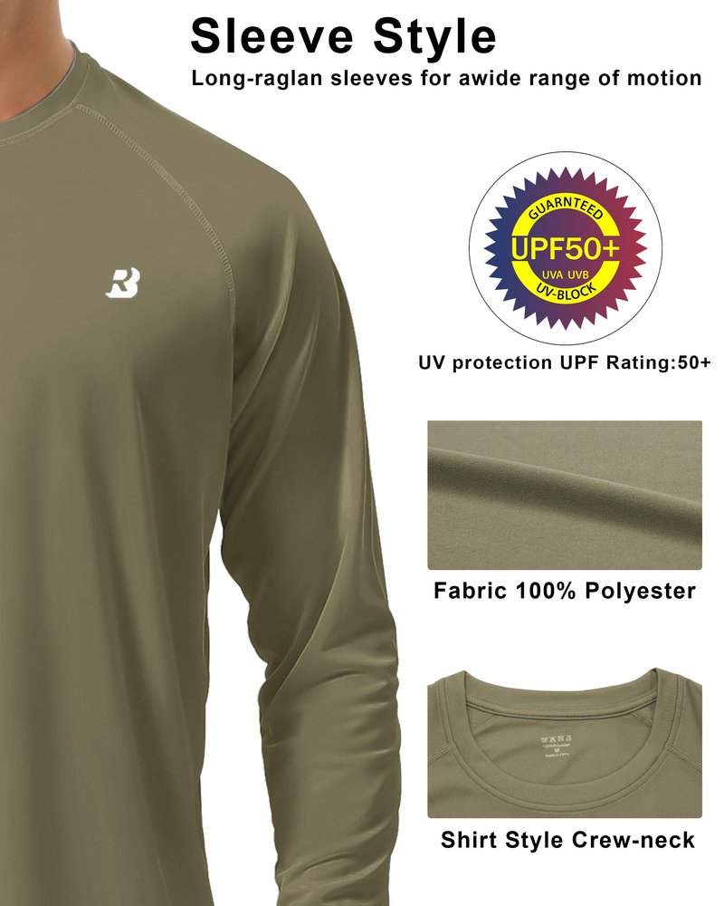 Roadbox Mens UPF 50+ UV Sun Protection Shirts Outdoor Long Sleeve SPF Diving Rash Guard for Fishing Hiking Swimming Khaki