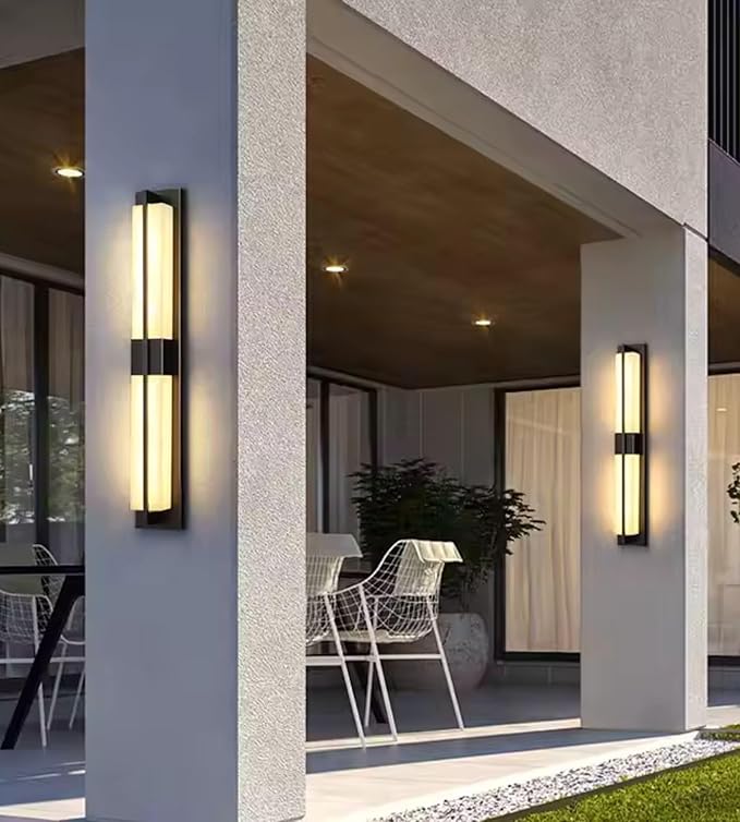 LED Outdoor Wall Lights Fixture Lamps. Modern Elegant Acrylic lampshade with Marble Texture, Aluminum Body. Exterior Black Sconce Wall Lantern IP65 Waterproof Anti Rust. (Modern LED Black 24''H, 12W)