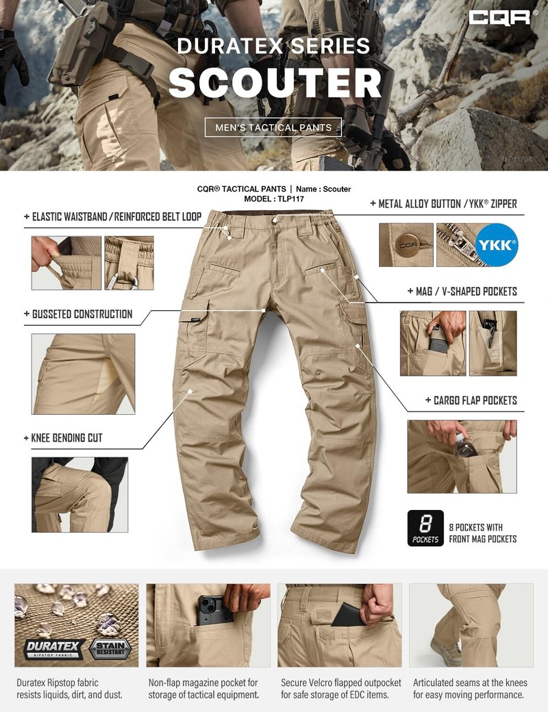 CQR Men's Tactical Pants, Water Resistant Ripstop Cargo Pants, Lightweight EDC Work Hiking Pants, Outdoor Apparel, Raider Khaki, 36W x 36L