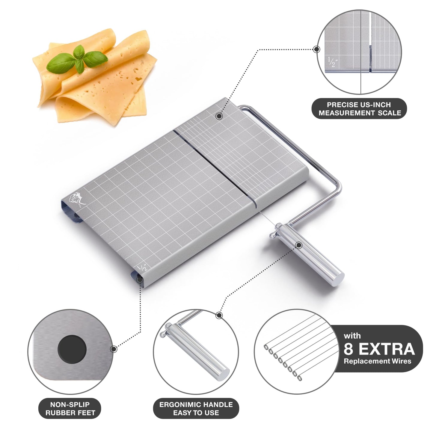 Cheese Slicer with Wire for Block Cheese - Adjustable Stainless Steel Cheese Cutter with Precision Scale, Ergonomic Design, 8 Replacement Wires - Perfect for Cheese Boards, Charcuterie, Kitchen Gadget