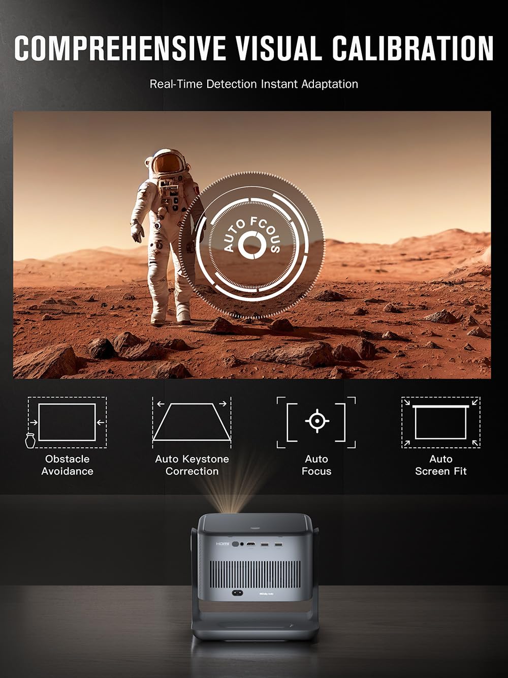 【3000ANSI & Officially-Licensed APP】Smart 4K Projector with WiFi and Bluetooth, VISSPL 3D Dolby Audio and Auto Focus Portable Outdoor Projector, Movie Home Theater Proyector with 360° Adjustable Stand
