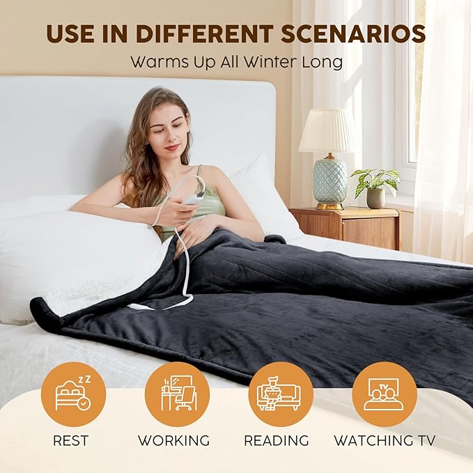 HYLEORY Heated Electric Blanket Throw 50"x60" Soft Fleece & Flannel with 5 Heating Levels & 3 Hours Timer Auto Shutt Off, ETL Certified, Washable，Heated Blanket for Body-Dark Grey