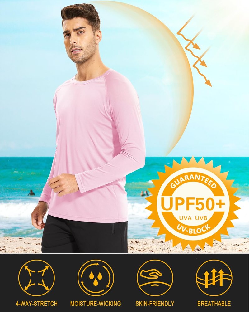 Summer Shirts Men Long Sleeve Quick Dry Swim Fishing Hiking Sun Protection UPF 50 UV Rash Guard Athletic Shirts Light Pink