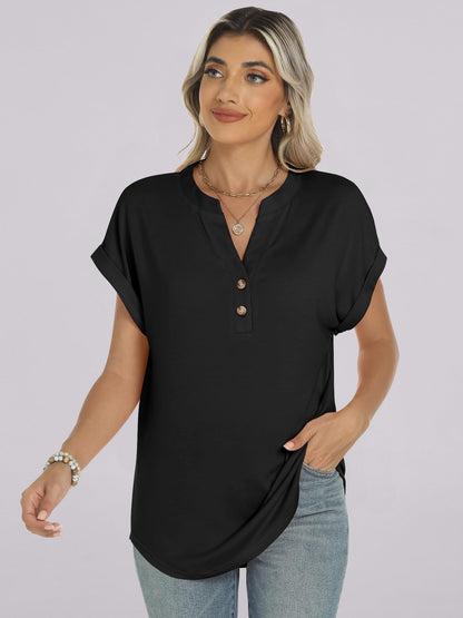 ANRABESS Womens Short Sleeve Henley Tops V Neck Dressy Casual Blouses Summer Trendy Tee Shirts 2025 Vacation Fashion Clothes Black XL