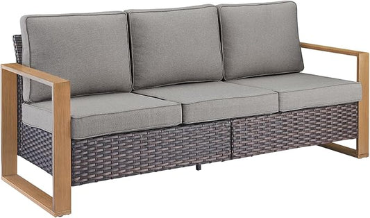 Rilyson Outdoor Couch Wicker Patio Sofa, Rattan Patio Furniture Sofa with Sturdy Frame,All-Weather PE Wicker,Wide Armrest,Deep Seating and Thick Cushions for Deck Porch Garden(Brown/Grey)