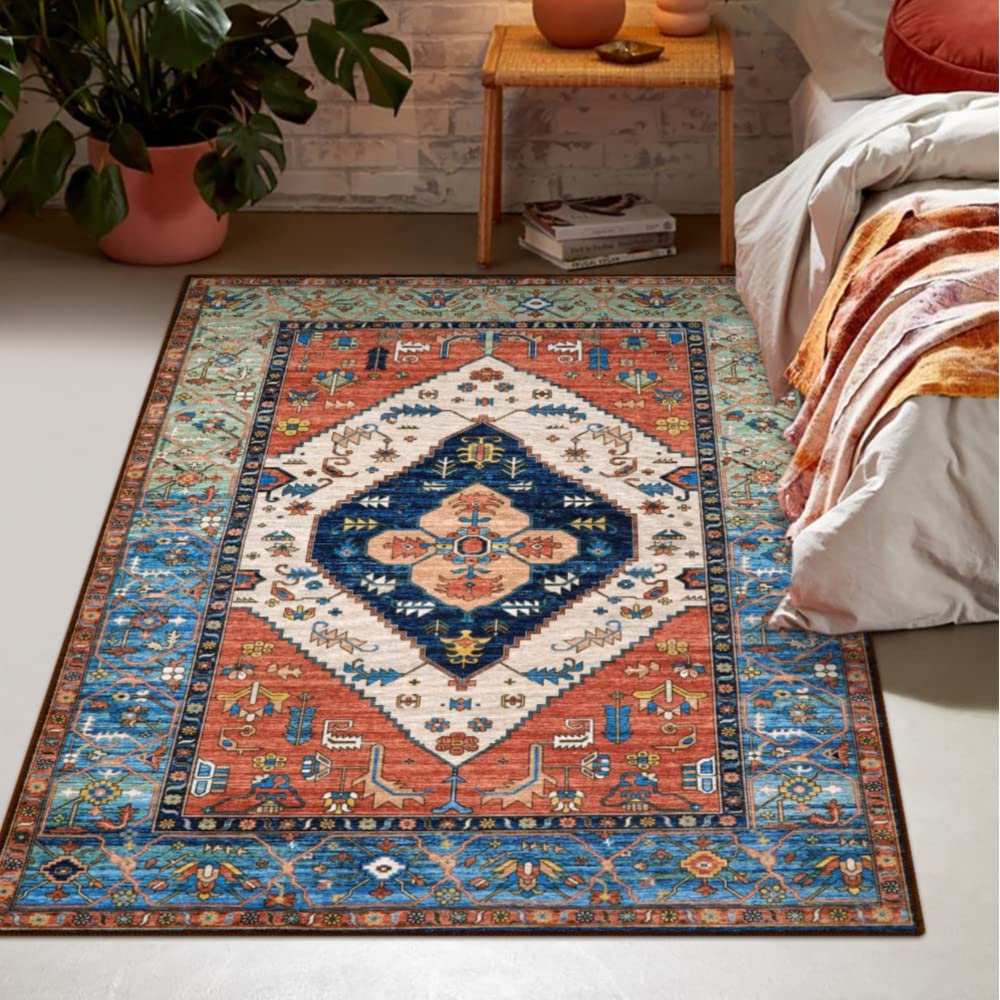 Lahome Boho Rugs for Living Room 4x6 Area Rug Machine Washable Bedroom Rugs Non-Slip Low-Pile Entryway Carpet Throw Oriental Distressed Kitchen Indoor Floor Carpet for Dining Room Bathroom Adelyn