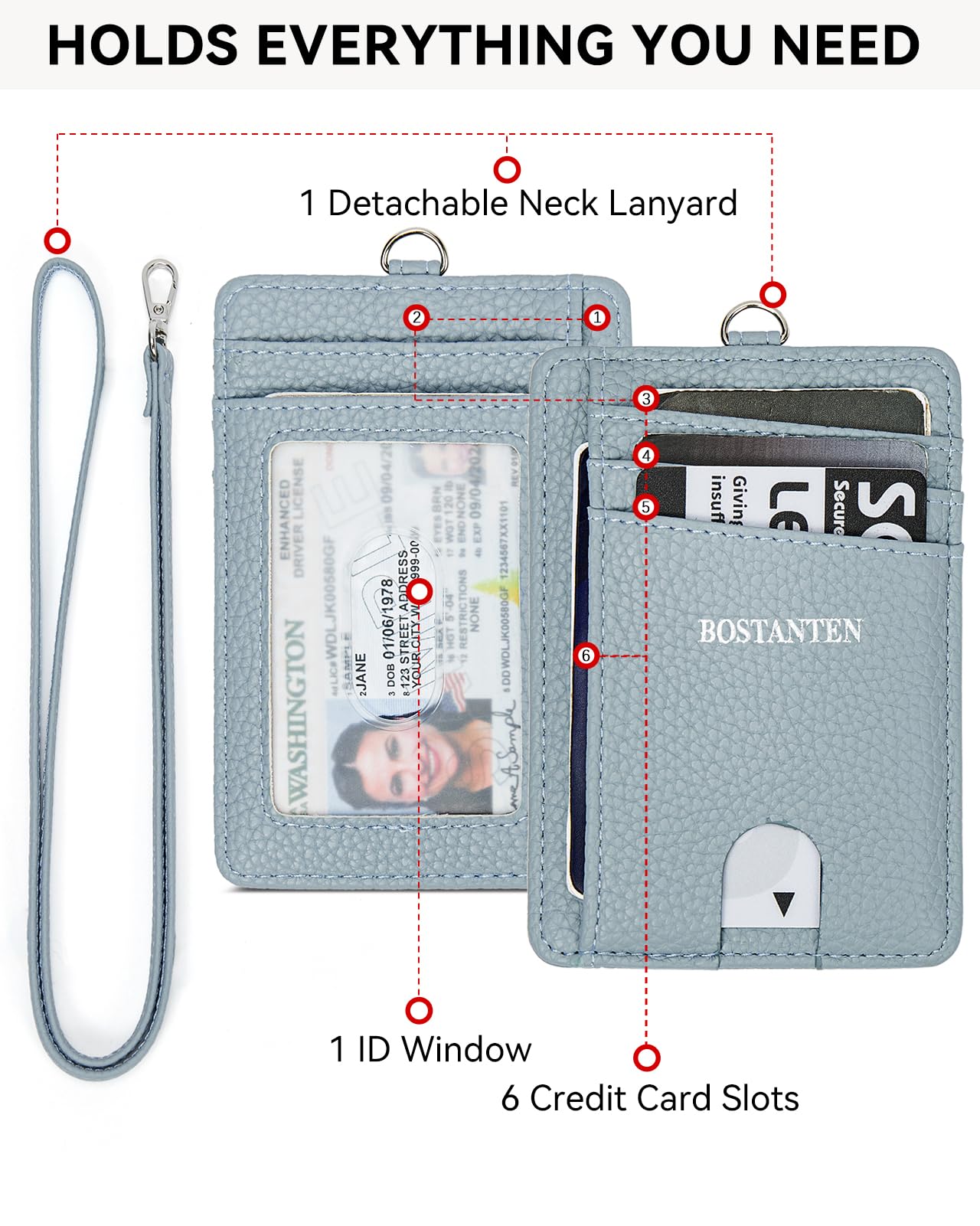 BOSTANTEN Slim Wallet Women with Leather Neck Lanyard RFID Blocking Credit Card Holder Front Pocket Small Wallet Blue