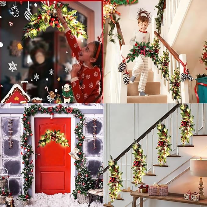 27.6" Christmas Swag with Lights Artificial Decorative Swag with Cute Bow Red Xmas Balls PineCones Red Berries Cedar Pine Swag Wreath Decoration for Front Door Table Window Stair Mantle Holiday Decor
