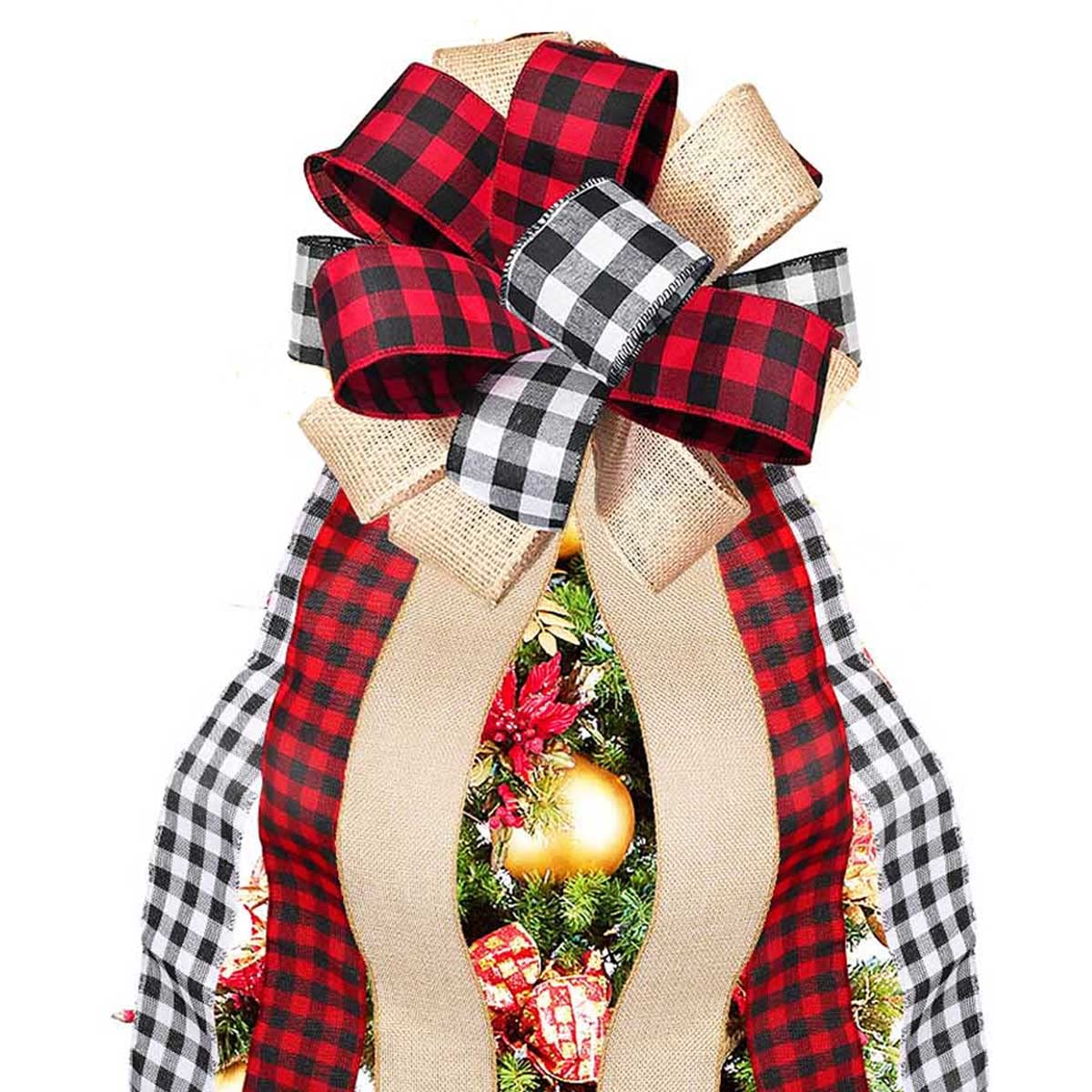 Svnntaa Christmas Tree Topper Buffalo Plaid Decorative Bow,Handmade Farmhouse Large Door Bows Banister Bow Christmas Bows for Holiday Home Decor