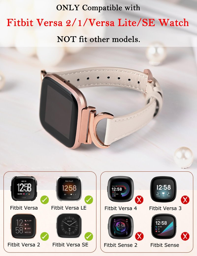 Minyee Leather Band Compatible with Fitbit Versa 2/Fitbit Versa/Versa Lite Bands Women, Slim Thin Dressy Designer Premium Leather Strap with C-Shape Metal Buckle for Versa 2 Watch, Starlight/Rose Gold