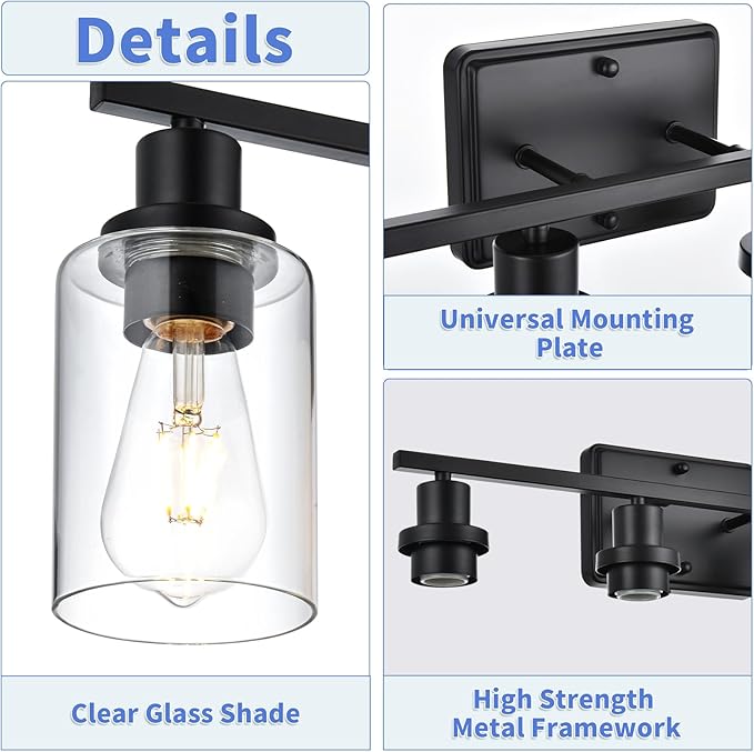 2-Light Bathroom Light Fixtures,Modern Black Bathroom Vanity Light,Bathroom Lighting Fixtures Over Mirror,Black Wall Lamp for Bedroom,Wall Lights for Living Room,Hallway