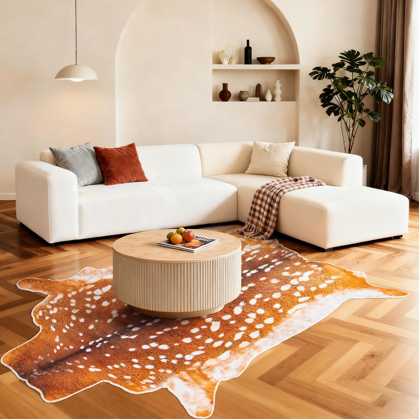 YulyreZome Deer Rug Faux Fur Deer Print Rug, 4.6x5.2 Feet Irregular Shaped Animal Hide Rugs, Soft Faux Cashmere Antelope Fawn Carpet for Living Room, Bedroom, Cabin, Lodge Western Home Decor