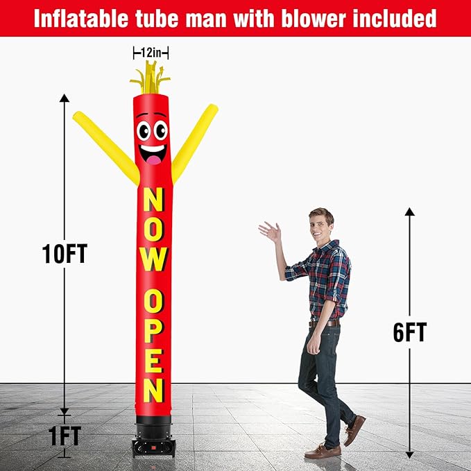 10FT Tall Inflatable Tube Man Now Open Wacky Wavy Dancing Guy with 3/4 HP Weather-Resistant Blower (12''Diameter) for Outdoor Decoration Advertising Business Promotion