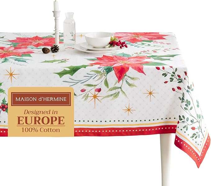 Maison d' Hermine Table Cloth Rectangle Table 100% Cotton 60 x 90 Inches Fall Tablecloth Reusable Everyday Use for Thanksgiving Christmas Decorations Dining Farmhouse Party (Poinsettia Christmas)