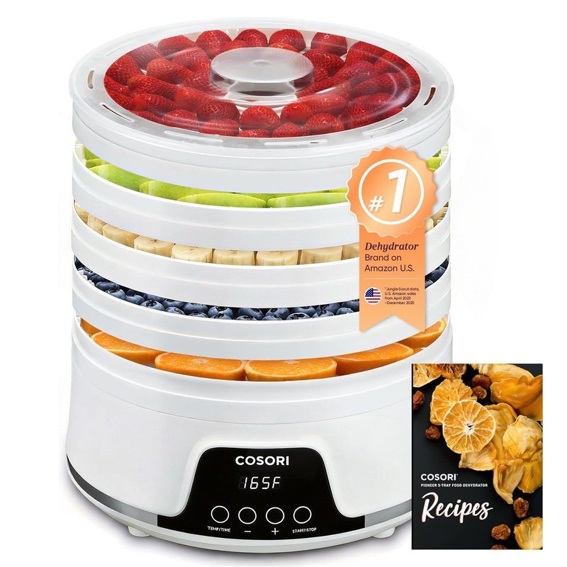 Cosori Food Dehydrator Machine for Jerky, 5 BPA-Free Trays with 165°F Temperature Control and 48H Timer, 350W Dryer for Fruit, Herbs, Meat, Veggies and Dog Treats, 50-Recipes Book Included