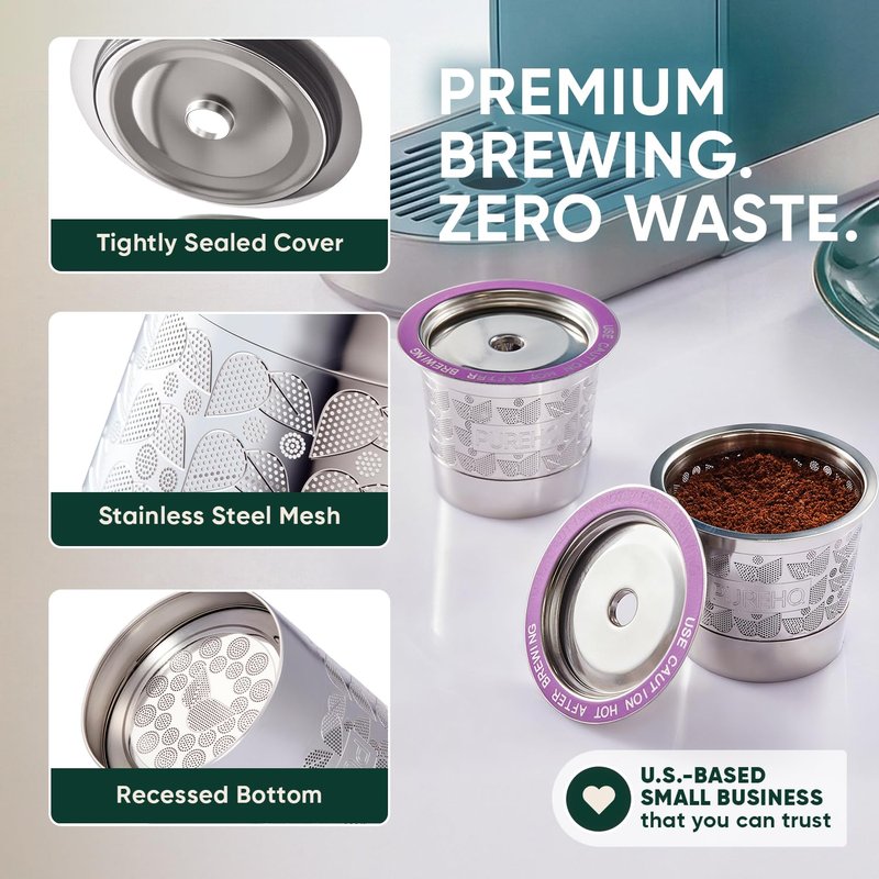 Stainless Steel Reusable K Cups for Keurig 2.0, Keurig Mini, K-Express, K-Classic, K-Elite, K-Compact, K-Mini Mate Single-Serve Coffee Makers by PureHQ - Refillable Metal Coffee Filters - 2 Pack