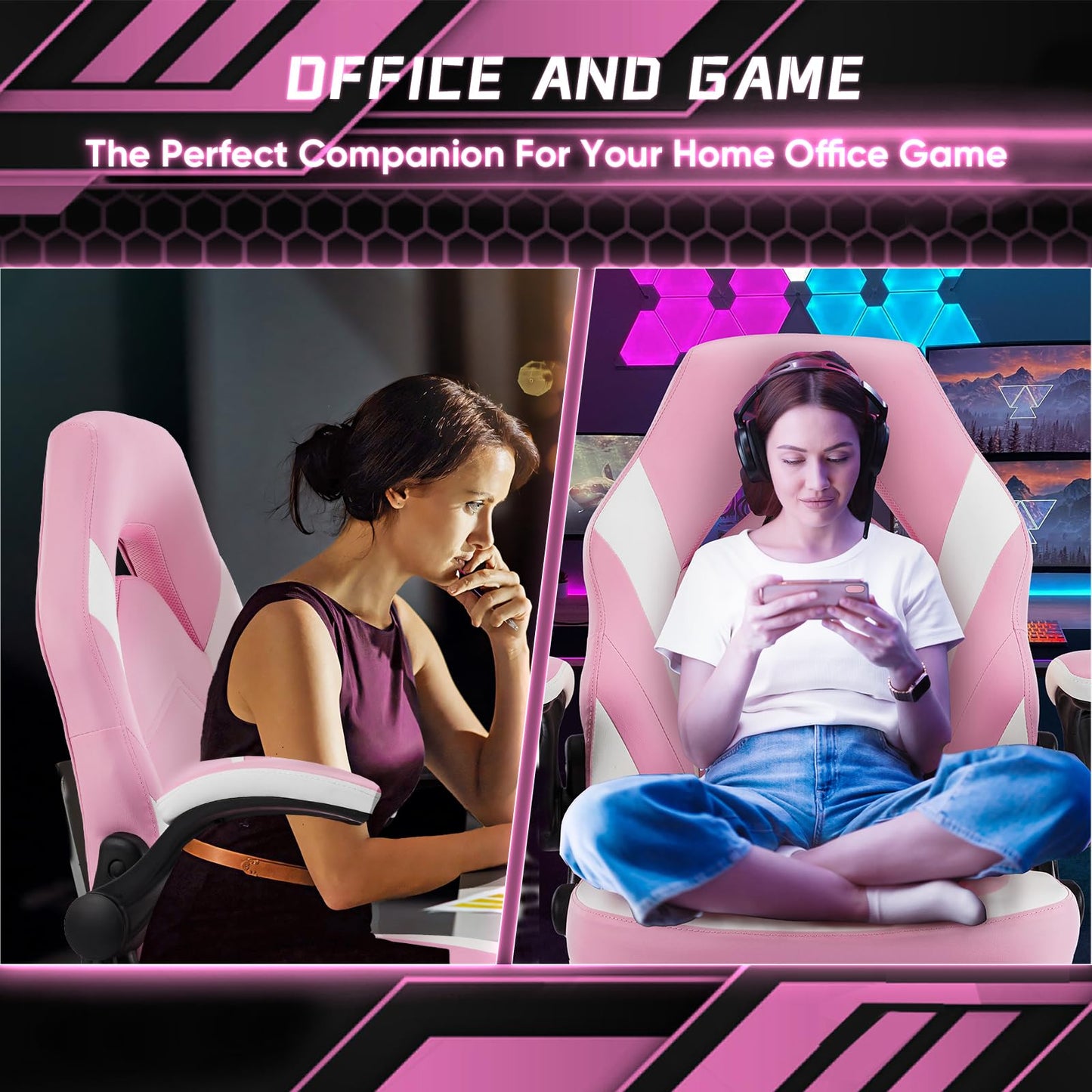Gaming Ergonomic Office Chair for Adults, Height Adjustable Computer Desk Chair with Flip-up Armrests, PU Leather Swivel Video Game Chair with 360° Rolling Wheels, Pink