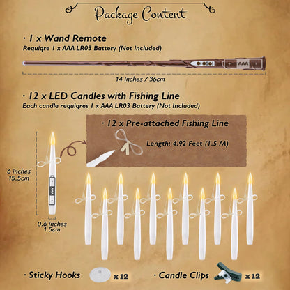 Rhytsing 12 Pcs Flameless LED Floating Candles 6 inches with Magic Wand Remote for Halloween Party, Battery Operated Hanging Taper Candles with Fishing Line, Christmas Tree Clip On Candles with Timer