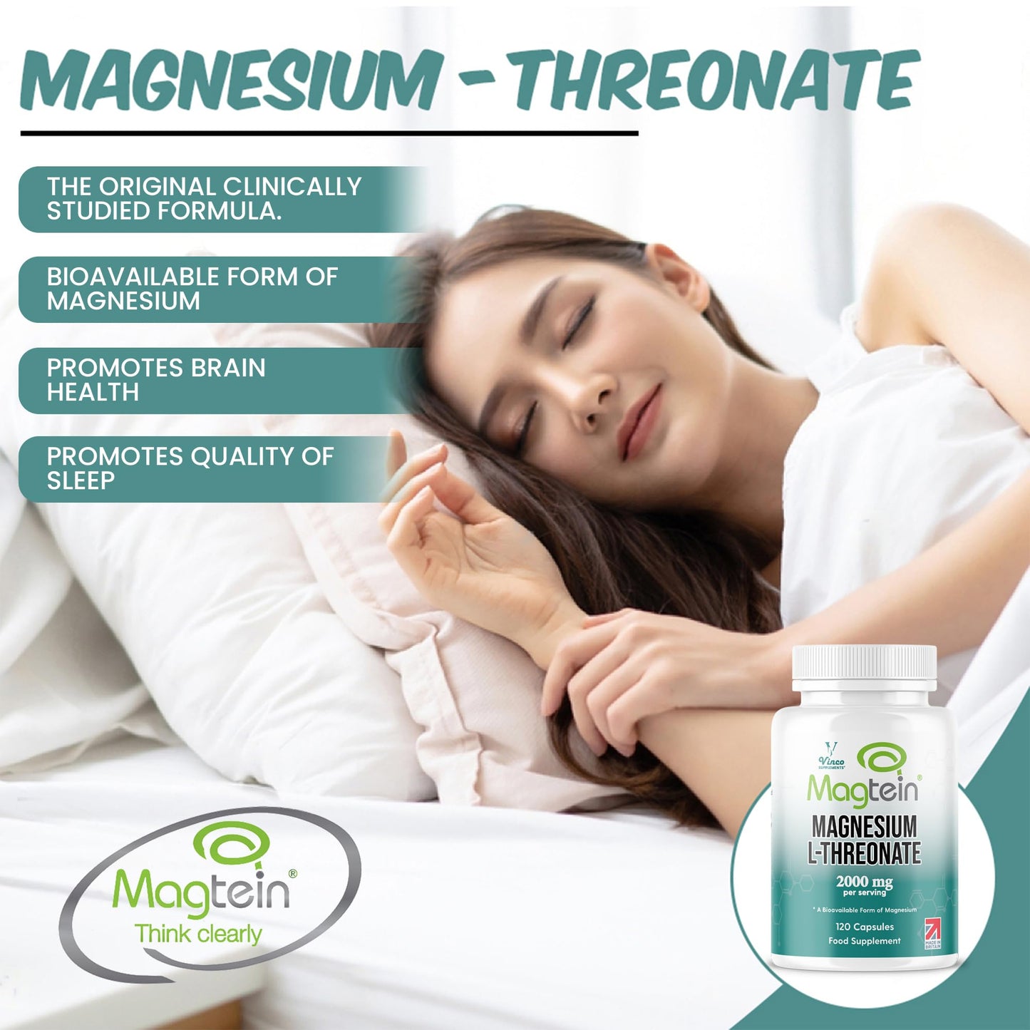 Vinco Magtein® Magnesium L-Threonate Supplement - 120 High Strength Magnesium L Threonate Capsules - 2000mg Bioavailable Form of Magnesium per Serving - Non-GMO & Gluten Free – Made in The UK