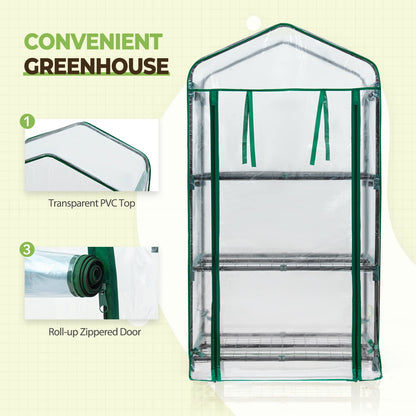 EAGLE PEAK Mini Greenhouse with Wire Shelves, Portable Indoor & Outdoor Garden Green House with Roll-Up Zipper Door, 3 Tier , 27"x19"x50", Clear PVC Cover
