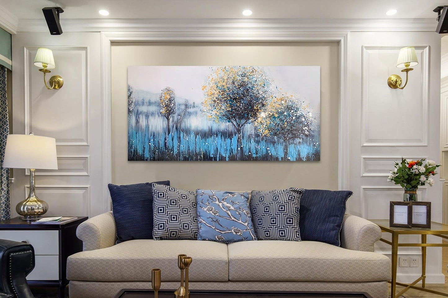 Arjun Tree Wall Art Canvas for Living Room Blue Tree of Life Nature Teal Abstract Textured Painting Picture Modern Panoramic Landscape Artwork Framed Bedroom Home Office Decor, Large Size 40"x20"