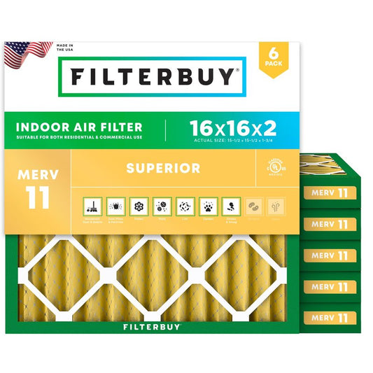 Filterbuy 16x16x2 Air Filter MERV 11 Superior Pet & Allergy Defense (6-Pack), Electrostatic Pleated HVAC AC Furnace Filters Replacement, Made in USA (Actual Size: 15.50 x 15.50 x 1.75)