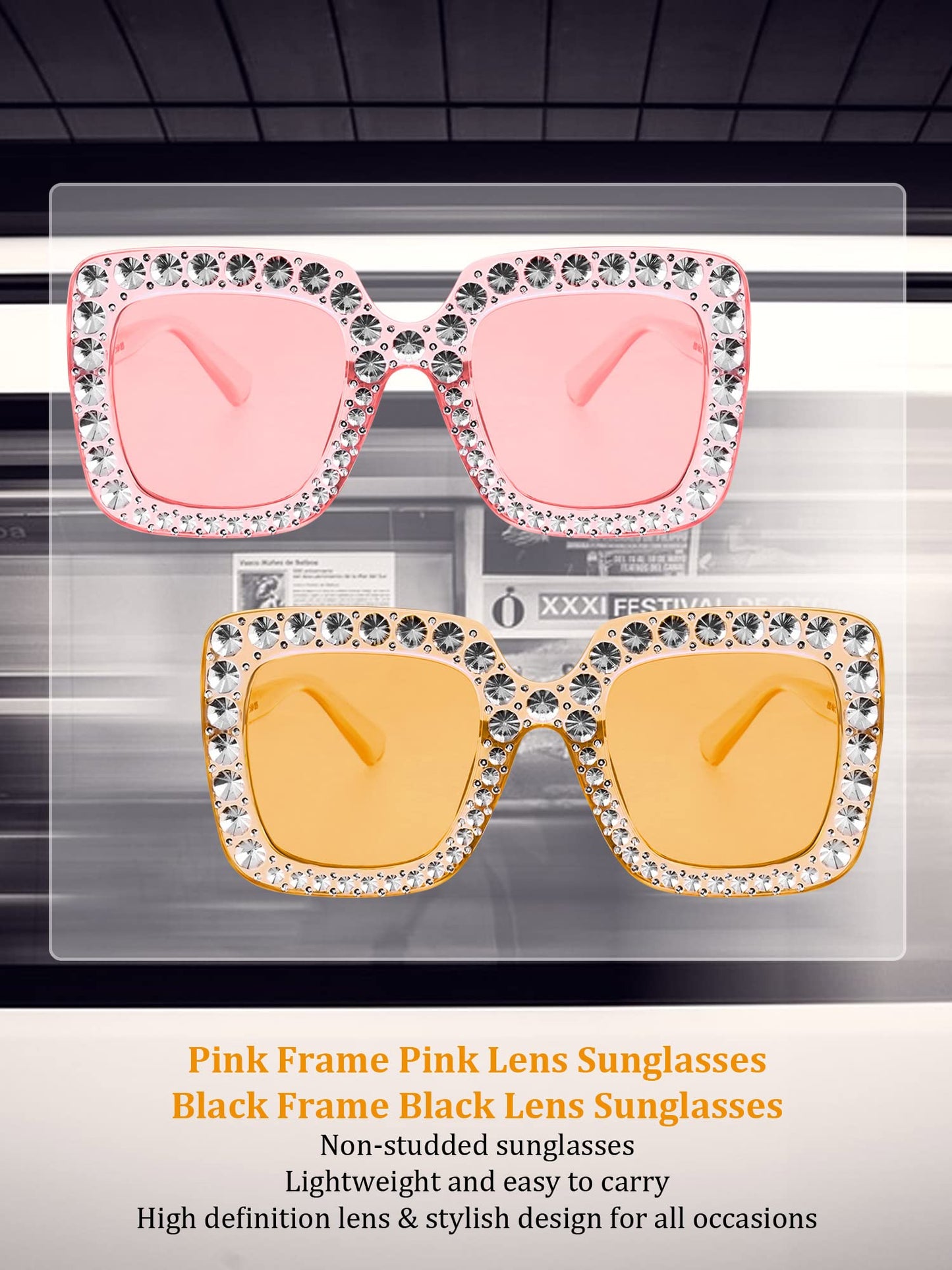 Frienda 2 Pieces Oversize Square Sparkling Sunglasses Retro Thick Frame Sunglasses for Women(Clear Pink, Clear Tawny)