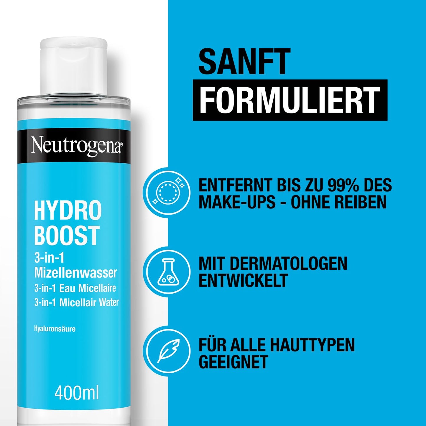 Neutrogena Hydro Boost Micellar Water, Effective Face Cleansing with Hyaluronic Acid, Gentle Makeup Remover, Moisturising Micellar Cleansing Water for All Skin Types (400 ml)