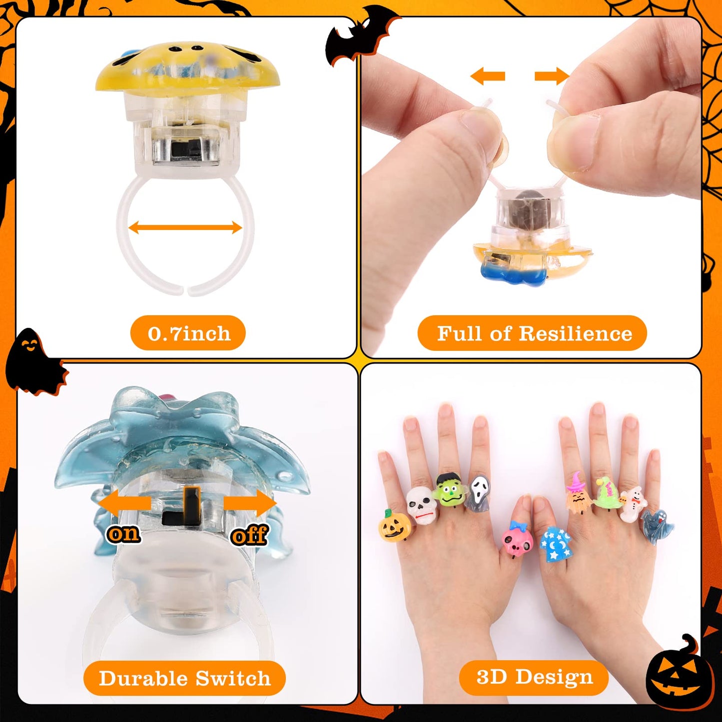 NPET 50Pcs Halloween Treats Light Up LED Rings, Non Candy Halloween Trick or Treats 3D Flashing Rings Toys Glow In the Dark Halloween Party Favor Ring Toy Gifts For Kids Adults Goodie Bag Stuffers