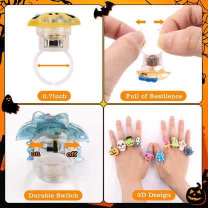 NPET 50Pcs Halloween Treats Light Up LED Rings, Non Candy Halloween Trick or Treats 3D Flashing Rings Toys Glow In the Dark Halloween Party Favor Ring Toy Gifts For Kids Adults Goodie Bag Stuffers