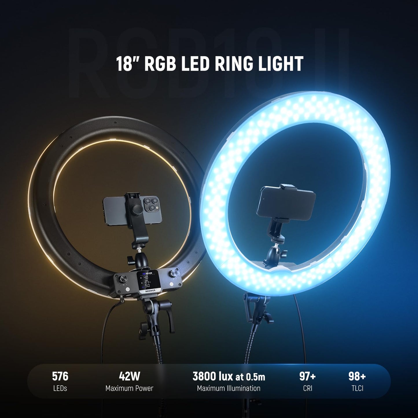 NEEWER 18 Inch RGB LED Ring Light APP Control with Tripod Stand Phone Holder Compatible with iPhone for Selfie Makeup Lash Studio Streaming Video Recording Lighting, 42W Ringlight Dimmable, RGB18 II