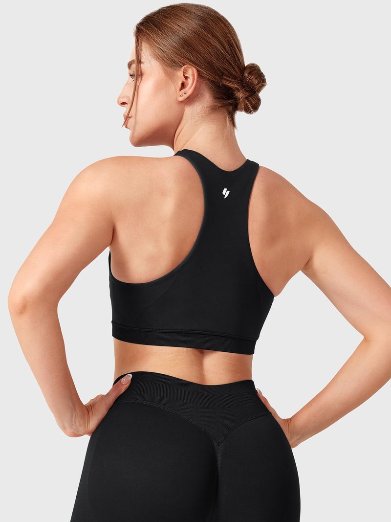 YEOREO CoreFlex Racerback Sports Bras for Women Padded Medium Impact Seamless Yoga Workout Crop Tops Black S