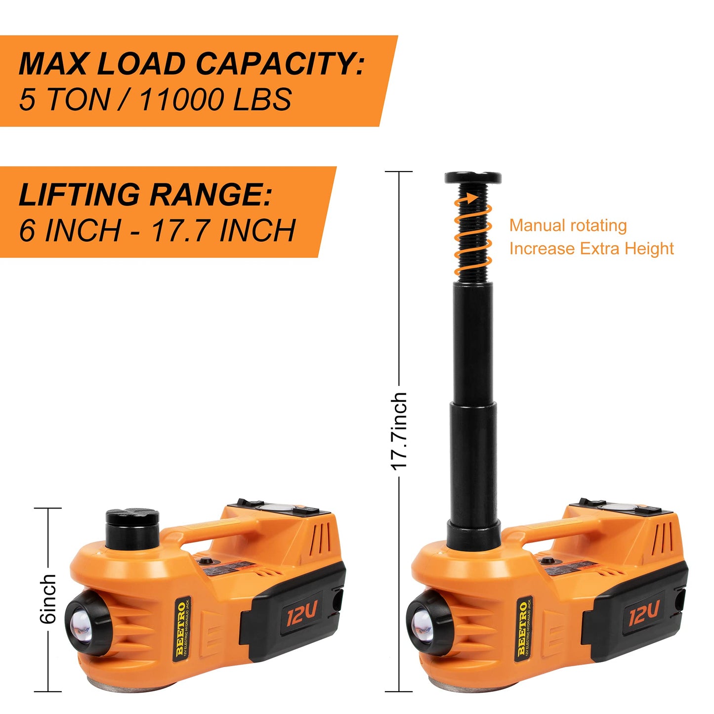 BEETRO 3 in 1 Electric Hydraulic Car Jack with Tire Inflator Pump, 5T(11000 lbs) Electric Car Floor Jack, DC 12V Electric Car Jack for an Emergency Tire Change,Lifting Range 6-17.7 inch