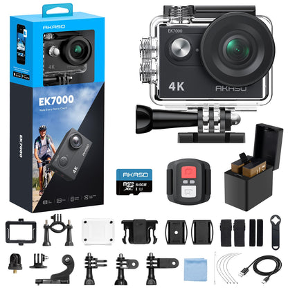 AKASO EK7000 4K30fps Action Camera with 64GB MicroSDXC U3 Memory Card Accessories Kit Bundle Ultra HD 131FT Waterproof Underwater Camera EIS WiFi Remote Control 4X Zoom, Black