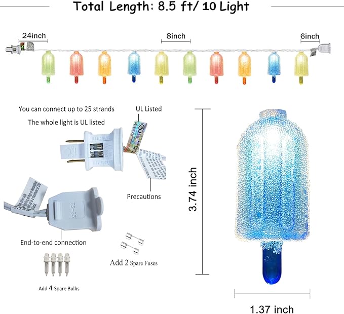 8.5Ft LED Popsicle String Lights - Plug in Colorful Ice Cream Decorative String Lights with 10 Popsicle Lights for Indoor Outdoor Parties Bedrooms Summer Patio Holiday Decor