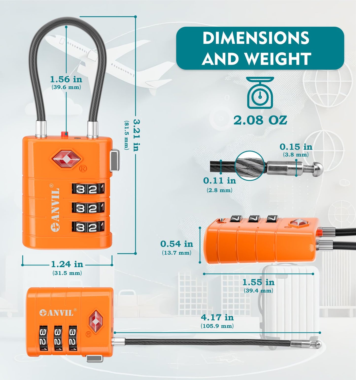 ANVIL Luggage Locks - TSA Approved, Advanced Core, Alert Indicator. Great Suitcase & Backpack Lock for Travel & Daily Use (2, Orange)