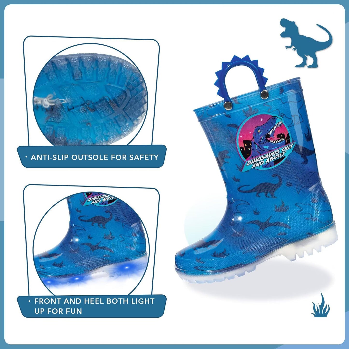 EUXTERPA Light Up Wellies for Boys Girls, Boy Dinosaur Kids Welly Boots Children Wellingtons Waterproof Boots with Handle Size 9 UK Child
